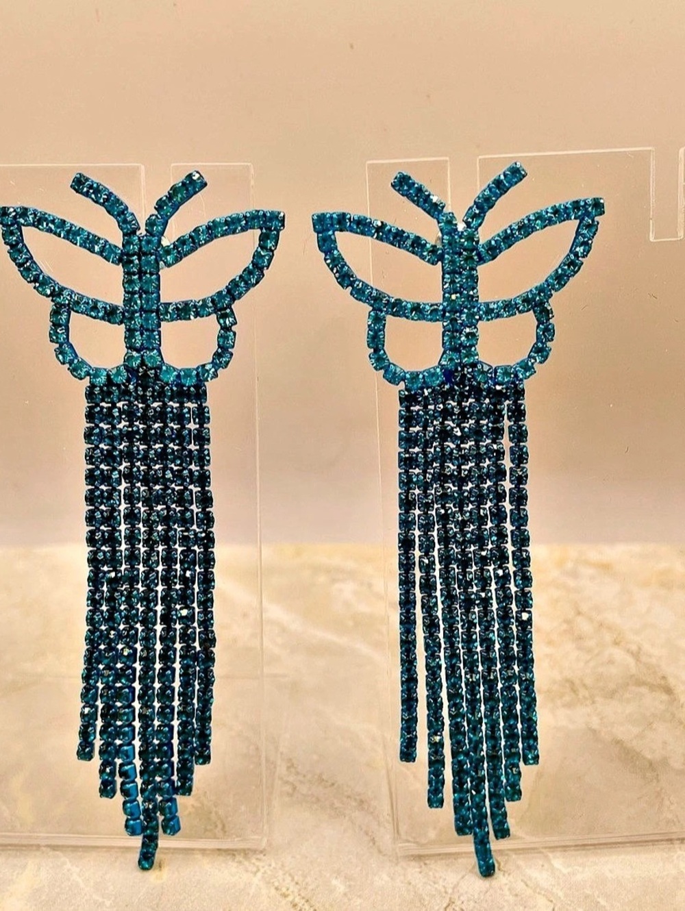 Butterfly Rhinestone Fringe Dangle Earrings in Blue Turquoise Like New